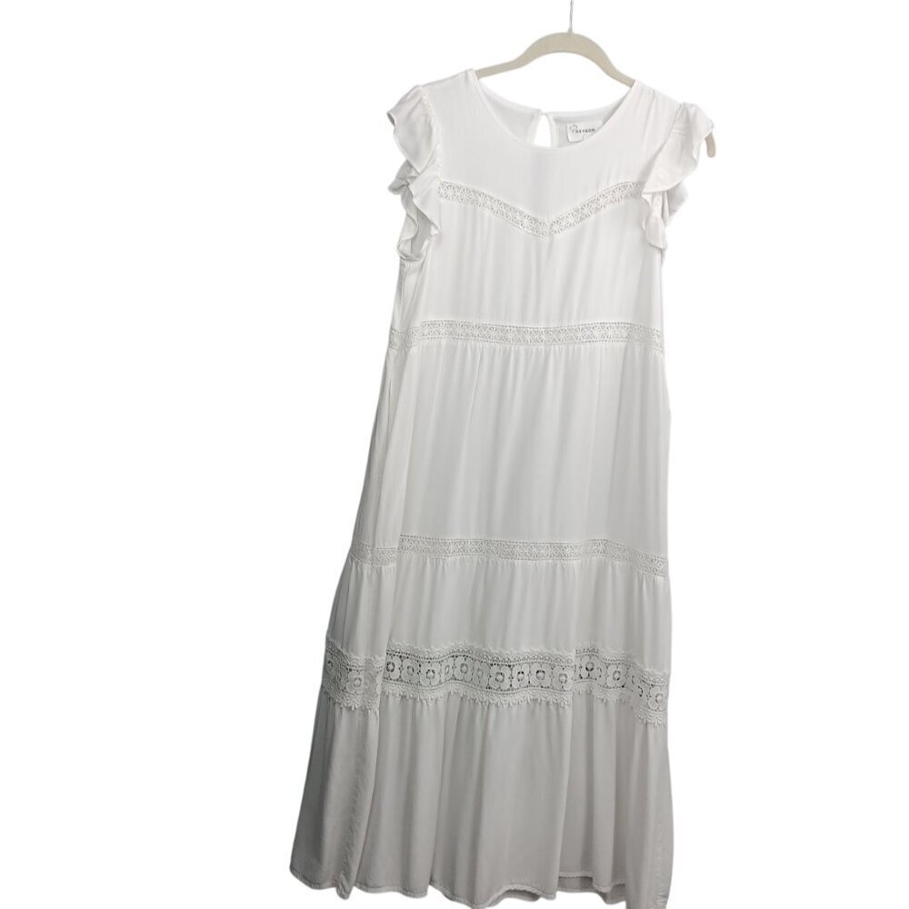 HEYSON Women's Contrast Lace A-Line Midi Dress White Size S Ruffle Pockets Boho